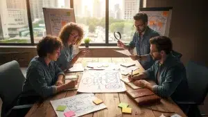 Equipo de profesionales colaborando en una mesa de madera, analizando esquemas de estrategias de marketing digital, SEO y experiencia de usuario