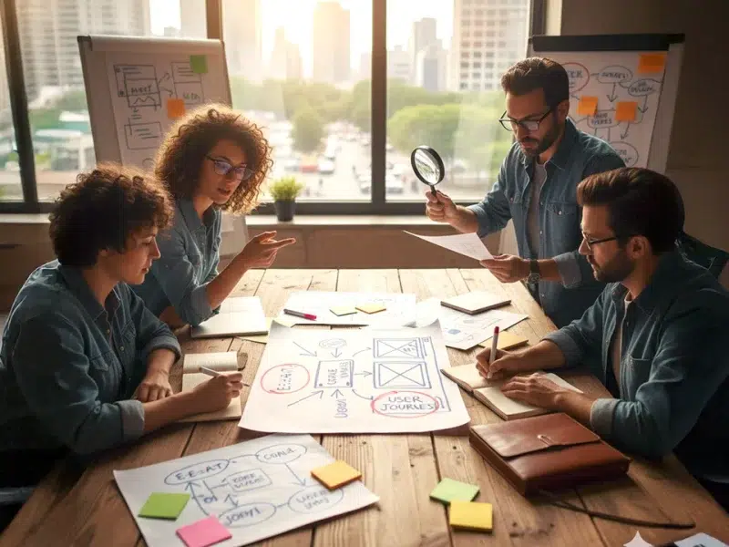 Equipo de profesionales colaborando en una mesa de madera, analizando esquemas de estrategias de marketing digital, SEO y experiencia de usuario