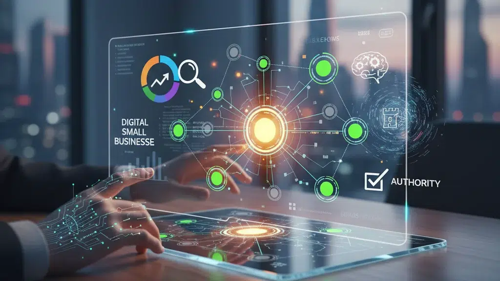 Persona interactuando con una pantalla holográfica que muestra un panel de control de marketing digital, con gráficos de SEO, analítica web y conceptos de inteligencia artificial en un entorno de oficina moderno con vistas a la ciudad. Simboliza la gestión estratégica y la transformación digital